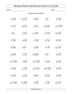 division worksheet with numbers and fractions for students to use in the classroom