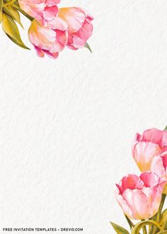 pink flowers on white background with green leaves and watercolor painting style frame in the middle