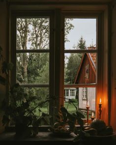 a window that has some plants in front of it and candles on the windowsill