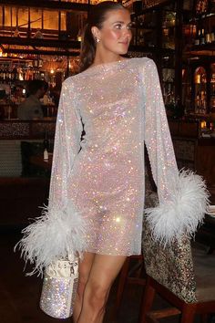 Sparkly Fishnets, Fishnet Dress, Sheer Mini Dress, Party Dress Long Sleeve, Feather Dress, Pink Mini Dresses, A Bar, Club Dresses, White Mini Dress