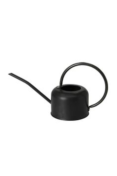 a black watering can with a hose attached to the top and bottom, on a white background