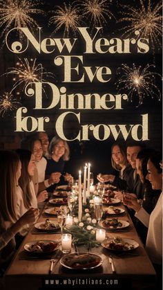 This image captures a warm and festive **New Year’s Eve dinner for a crowd**, with friends gathered around a candlelit table, enjoying a beautifully plated meal. Fireworks light up the background, providing a perfect setting for **New Year’s Eve dinner party ideas** for a lively and elegant celebration.