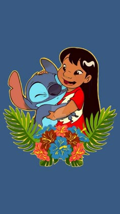 a cartoon girl hugging a stuffed animal in front of some flowers and leaves on a blue background