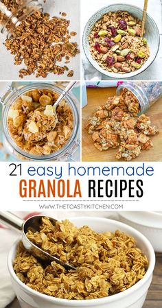 21 easy homemade granola recipes - roundup by The Toasty Kitchen. There's nothing better than a handful of homemade granola for breakfast or snacking. Today I'm sharing 21 easy homemade granola recipes that are hearty, crunchy, and easy to whip up in your own home kitchen! #granola #recipe #homemadegranola #breakfast #snacking #easyrecipes #oats #homemade Crunchy Granola Recipe, Cranberry Breakfast, Granola Easy, Simple Granola, Savory Granola, Healthy Homemade Granola, Easy Homemade Granola