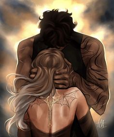 the back of a woman's head as she hugs her man in front of a cloudy sky