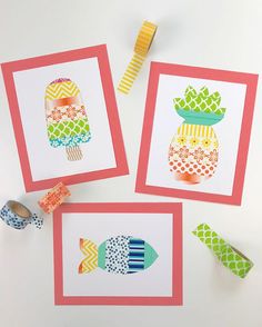 washi tape summer craft for kids with pineapples and fish on the cards