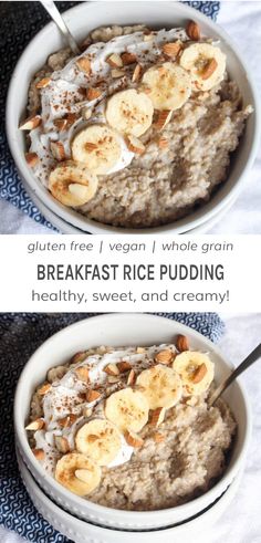 two bowls filled with oatmeal and banana slices