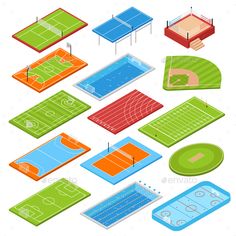 an illustration of different types of tennis courts and tables - sports / activity conceptuales