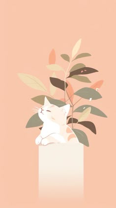 a white cat laying down next to a plant on a pink background with leaves and branches