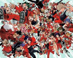 an anime poster with many people in red and black outfits, all posing for the camera