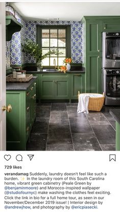 a kitchen with green cabinets and tile flooring on the bottom right hand corner is an instagram post from instagram com