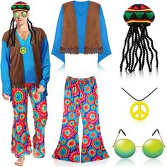 PRICES MAY VARY. Hippie Costume Accessories Set: package includes 1 piece shirt with faux suede tassels vest and 1 piece Bohemia pants, 1 piece peace sign necklace,1 pair of 60s 70s retro sunglasses, 1 piece Rasta hat with dreadlocks, hippie disco outfit accessories will bring you a new and attractive charm, show the hippie styles of the 60s and 70s, make you the focus in the theme party Colorful Rasta Hat: the dreadlocks wig hat is made of quality polyester, comfortable for you to wear, and the 60s 70s Outfits, Rasta Hat, Faux Vest, Hippie Accessories, Hippie Party, 70s Men, Flower Pants, 70s Outfits, Hippie Pants