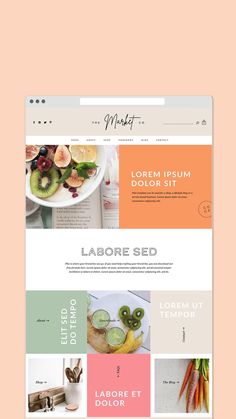 an image of a website with food items on the front and bottom page, including carrots