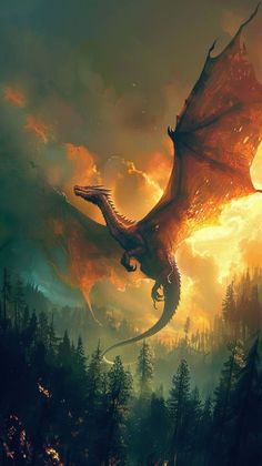 a dragon flying through the air over a forest