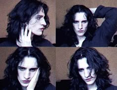 four different shots of a man with long hair and black makeup, holding his hand to his face