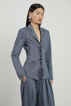 Corseted Tie Detail Front Tailored Longline Blazer Stylish Suit Women, Cinched Waist Blazer, Tie For Women Outfits, Women In Ties Outfits, Womens Tailoring, Tailored Suit Women, Cinched Blazer, Corset Suit, Asymmetric Blazer