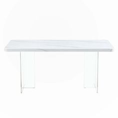 a white marble table with clear legs on a white background in the shape of a rectangle