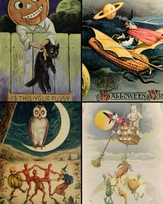 four different halloween cards with pictures of cats, witches, and pumpkins on them