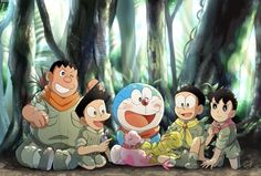 cartoon characters sitting on the ground in front of trees