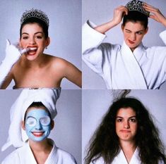 four pictures of a woman with blue face paint and a towel on her head wearing a tiara