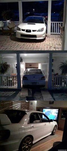 two cars parked next to each other in front of a house at night and on the ground