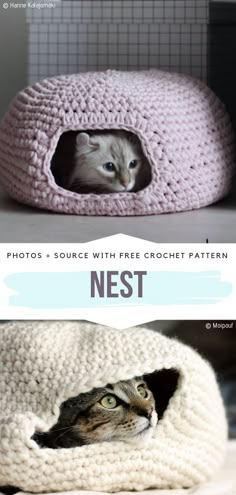 a cat hiding in a crochet bed with the caption nest