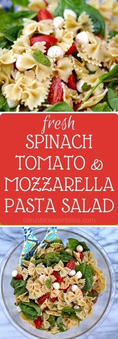 fresh spinach tomato mozzarella pasta salad with basil and strawberries in a glass bowl