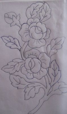 a drawing of some flowers on a piece of white paper with black outline and blue ink