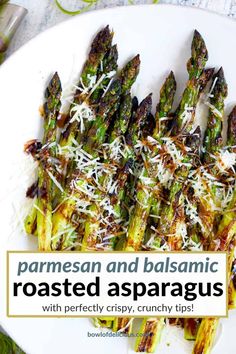 grilled asparagus with parmesan and balsami on a white plate