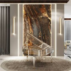 a grand piano sits in the middle of a room with marble walls and flooring