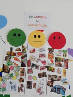 an assortment of stickers and magnets on a bulletin board with the words dia mundiial da alimentaca