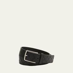 Bottega Veneta signature intrecciato calf leather belt. Silvertone buckle. Approx. 1.5"W. Made in Italy. Belt Accessories, Bergdorf Goodman, Mens Belts, Bottega Veneta, Leather Belt, Calf Leather, Black Silver, Silver Tone, Tops Designs