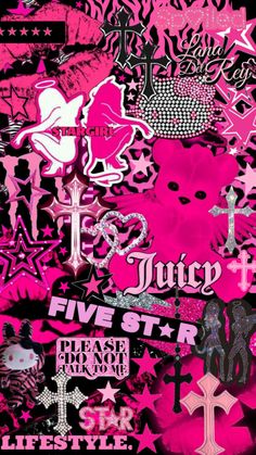 a pink poster with black and white designs on it's back side, including an image of a cross