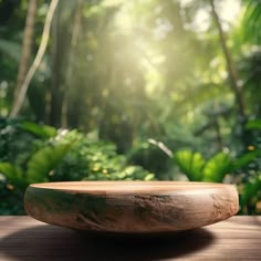 a wooden bowl sitting on top of a table in front of some trees and plants