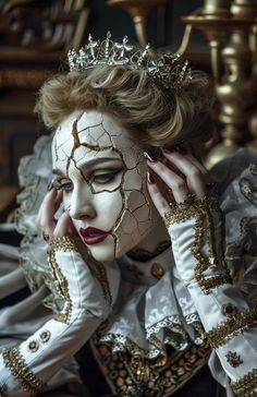 #ModernKintsugiCrackedSkin #BaroqueStyledGown #ModelingPhoto Cracked Skin Makeup, Baroque Halloween, Dimension Aesthetic, Make Up Artist Photoshoot Ideas, Kintsugi Aesthetic, Costumes Design, Mask Photography, Soul Collage, Kintsugi Art