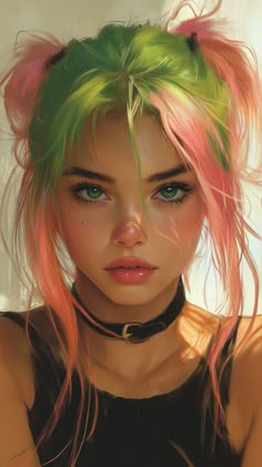 a painting of a girl with pink and green hair wearing a choker, black dress and cat ears