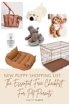 Must Have Puppy Essentials + Free Download Checklist Essentials For Puppy, Dog Car Carrier, New Puppy Hacks, Dog Home Accessories, Bringing A Puppy Home, Aesthetic Puppy Accessories, Puppy Welcome Home Basket, Aesthetic Dog Items