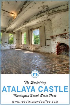 the interior of an abandoned building with brick floors and windows