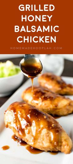 grilled honey balsamic chicken is being drizzled with bbq sauce