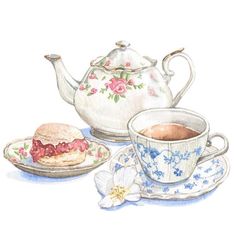 a watercolor drawing of a tea pot and plate with a sandwich next to it