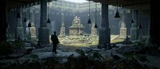 a man standing in the middle of an abandoned building with bells hanging from it's ceiling