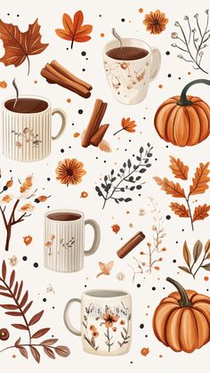 a painting of coffee and fall leaves on a white background with oranges, cinnamons, and other autumn items