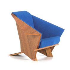 a blue chair sitting on top of a wooden frame