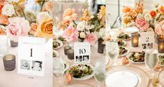 there are two pictures of the table setting at this wedding reception, one is decorated with pink and orange flowers