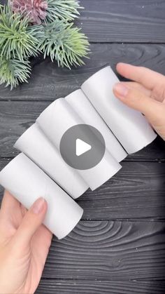 someone is holding several rolls of toilet paper in front of a potted plant on a wooden table