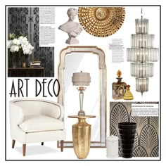 an article in the art deco magazine with gold accents and white furniture, including a large mirror