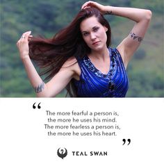 a woman with her hair blowing in the wind next to a quote by teal swan