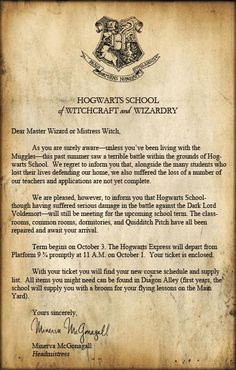 the hogwarts school letter from harry potter