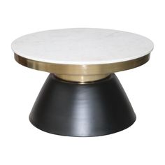 a white marble topped table with gold trimmings on the top and black metal base