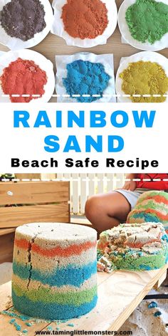 rainbow sand cake recipe on a wooden table with white plates and bowls filled with colorful powder